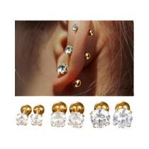Brincos Clássicos Femininos De Zircônia Cúbica Redonda, 3 Pares, Joias De Piercing Tragus Em Aço
