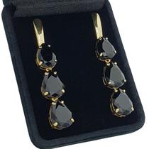 Brincos Com Pedras Gotas Negras Banho De Ouro 18k 2122