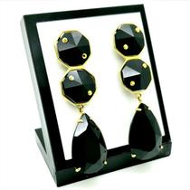 Brincos Com Pedras Negras Lapidadas Banho De Ouro 18k 1093 Brincos Com Pedras Negras Lapidadas Banho De Ouro 18k 1093