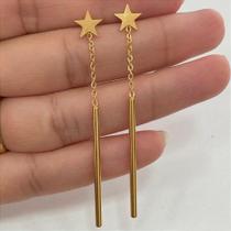 Brincos de Aço Cirúrgico Estrela Cadente com Corrente Dourada Brincos de Aço Cirúrgico Estrela Cadente com Corrente Dourada
