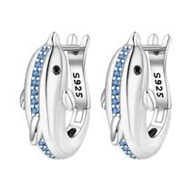 Brincos De Argola Dupla Em Prata Esterlina 925 Com Golfinho Azul E Zircônia Cúbica Para Casamento E