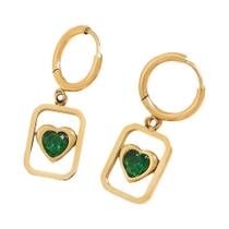 Brincos De Argola Em Aço Inoxidável Banhados a Ouro Para Mulheres Com Charms De Pedra Verde Vintage,