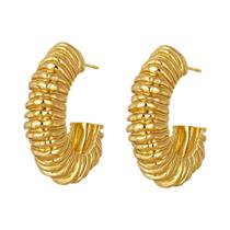 Brincos De Argola Em Aço Inoxidável Com PVD De Ouro 18K, Textura Plissada Listrada Em Formato C, Brincos De Argola Em Aço Inoxidável Com PVD De Ouro 18K, Textura Plissada Listrada Em Formato C,