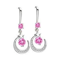 Brincos De Estrela E Lua Em Prata Esterlina 925 Com Safira Branca E Pingente Rosa Azul