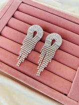 Brincos de festa folheados cravejado e franja de Strass Ouro e Prata