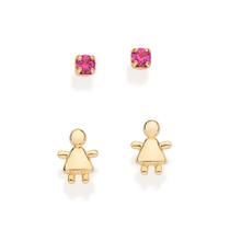 Brincos de ouro 18k femininos pequenos rommanel kit menina e solitário pedra zircônia rosa 527270