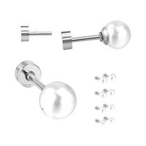 Brincos De Pérola Em Aço Inoxidável 5-8MM Redondos Com Fecho Rosqueado Para Mulheres E Homens