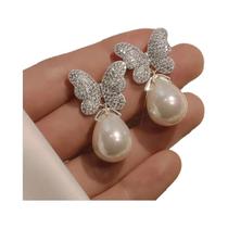 Brincos De Pérola Imitada Em Forma De Borboleta Para Mulheres, Prata E Ouro, Estilo Estético Para Brincos De Pérola Imitada Em Forma De Borboleta Para Mulheres, Prata E Ouro, Estilo Estético Para