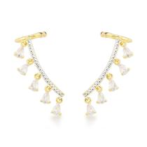 Brincos Earcuff Banhados a Ouro 18k com Elegantes Zircônias Cristais Pendentes