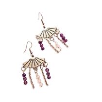 Brincos em leque com pedra ametista e quartzo rosa