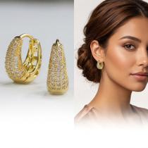 Brincos Feminino Argola Cravejado Zirconia Banho Ouro 18k Geométrico Dourado Estilo Luxo Casual