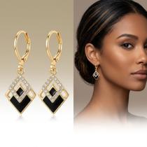 Brincos Feminino Argola Losango Preto Banhado Ouro 18k Acessórios Femininos Antialérgico Festa e Dia a Dia