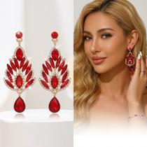 Brincos Feminino Gotas Vermelho Rubi Longas Luxo Strass Cravejado Banhado Zircônias Festa