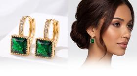 Brincos Feminino Verde Esmelralda Geometrico Cravejado Zirconia Banho Ouro 18k Dourado Estilo Luxo Casual