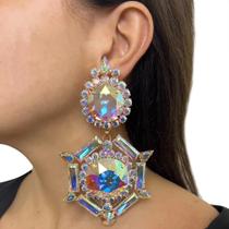 Brincos Femininos Grandes com Strass e Cristal Geométrico - Sem Furos