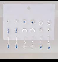 Brincos Femininos Prata 925 Kit 12 Pares Zircônia Azul - Elegância Delicada
