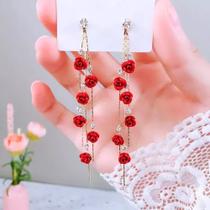 Brincos Flor Dourado Strass Sobrepor Delicado Feminino Festa Cor Vermelho
