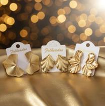Brincos Folheados a Ouro 3 Pares Folha Dourada Elegante Feminino Leve Moda Premium