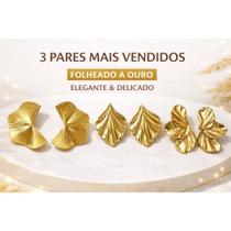 Brincos Folheados a Ouro 3 Pares Folha Dourada Texturizada Feminino Elegante Moderno Moda Festa Luxo