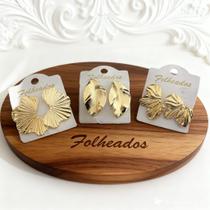 Brincos Folheados a Ouro 3 Pares Folha e Orgânico Dourado Feminino Elegante Delicado Moda Atual