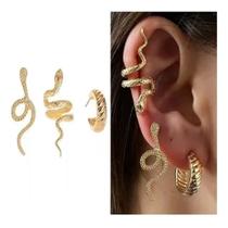 Brincos Kit 3 Feminino Pressão Cobra Serpente Enrolada Ouro