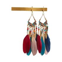 Brincos Longos Coloridos Boho Com Franjas De Plumas Para Mulheres, Brincos Com Contas