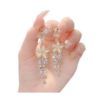 Brincos Longos De Franjas Com Opala, Strass E Zircônia Em Forma De Flor Para Mulheres, Joias Para