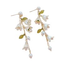 Brincos Longos De Tulipa Branca Com Franjas Para Mulheres, Formato De Flor Com Brilho Perolado E