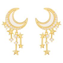 Brincos Lua Dourado Strass Sobrepor Delicado Feminino Festa