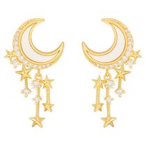 Brincos Lua Dourado Strass Sobrepor Delicado Feminino Festa - Brincos Lua Dourado Strass Sobrepor Delicado Feminino Festa -