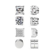 Brincos Magnéticos 4 Pares Em Aço Inoxidável Com Zircônia Cúbica Clipe De Orelha Não Perfurante Para