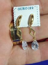 Brincos Ouro 18 Kilates Pedra Gota Rasa Zircônia 2.00 Gramas 35 mm