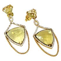 Brincos Pedra Amarelo Citrino Cravejados De Zirconias Banho De Ouro 18k 1119