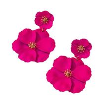 Brincos Pendentes Grandes De Flor Fúcsia Banhados a Ouro Joias Femininas Para Noivas E Festas Brincos Pendentes Grandes De Flor Fúcsia Banhados a Ouro Joias Femininas Para Noivas E Festas