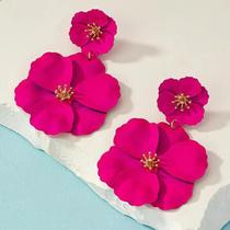 Brincos Pendentes Grandes De Flor Fúcsia Banhados a Ouro Joias Femininas Para Noivas E Festas Brincos Pendentes Grandes De Flor Fúcsia Banhados a Ouro Joias Femininas Para Noivas E Festas