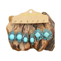 Brincos Pendurados Geométricos - Pedra Azul, Estilo Vintage Boho - Prata