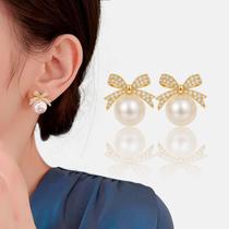 Brincos Pérola Banhado Ouro Dourado com Laço Micro Zircônia