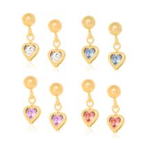 Brincos rommanel banhado ouro 18k feminino pequeno coração pendurado pedra cristal 522396
