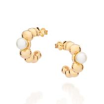 Brincos rommanel banhado ouro 3x 24k 18k e 22k feminino pequena meia argola esfera e pérola 527365