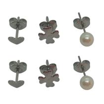 Brincos trio em aço inox antialergico 3 modelos perola