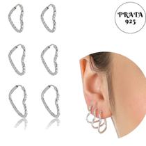 Brincos Trio Kit 3 Pares Argola Coração Prata 925 Legítima Torcido Feminino Delicado Presente