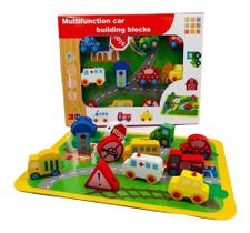 Brinquedo Auto Pista Madeira Tráfego Cidade com Carros e Acessórios Educativo Montessori