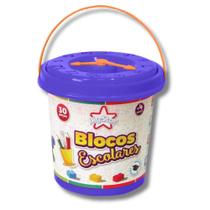 Brinquedo balde de blocos escolares para montar 30 pecas azul - big star