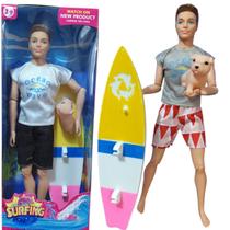 Brinquedo Boneco Com Prancha De Surf Cachorrinho Presente Para Meninos e Meninas Tipo Modelo Barbie e Ken Com Acessorios