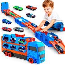 Brinquedo Caminhão Cegonha Vira Pista Maleta Com Lançador E 6 Carrinhos Metal