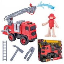 Brinquedo Caminhão De Bombeiro Com Escada Articulada Bonequinho E Ferramentas