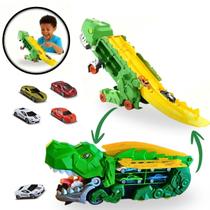 Brinquedo Caminhão Dinossauro T Rex com Pista Infantil e Carrinhos 2 em 1 Carretinha Cegonha