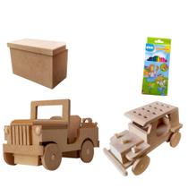 Brinquedo carrinho madeira artesanal combo Jeep porta lápis pirulito