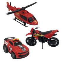 Brinquedo Carro De Polícia Moto Helicóptero Vermelho 03 Pçs