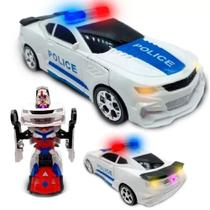 Brinquedo Carro Polícia Bate e Volta Move Automático Transformers Robô Branco Música Som Luzes Brilhantes Carrinho Divertido se Transforma em Robo